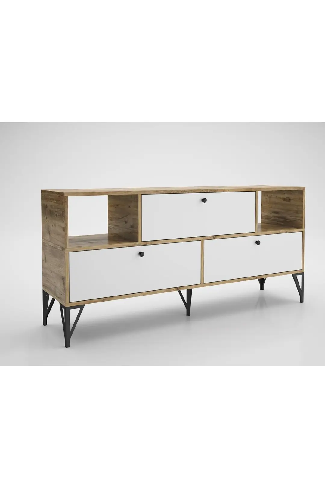 Mia 160 Cm Metal Ayaklı Tv Ünitesi - Konsol - Atlantik Çam - Beyaz / Siyah